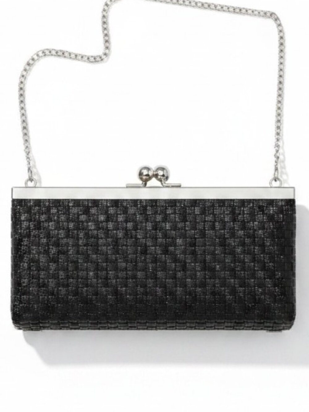 Vintage Black Woven Kiss Lock Clutch - Retro Mini Evening Bag W/ Chain Strap - Picture 2 of 12